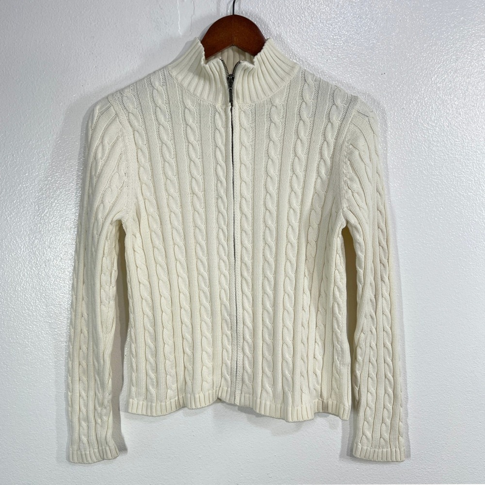 L.L.Bean Double Cable Knit Zip Cardigan Sweater Small Cream Cotton Fisherman